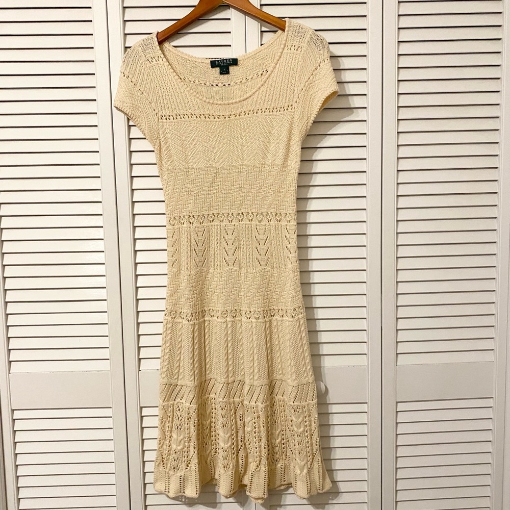 Ralph Lauren Short Sleeve Cream Knitted Midi Dress